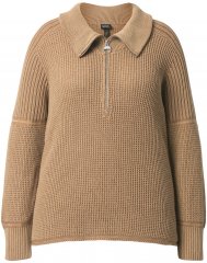 Ulla Popken Two-Tone Mixed Knit Troyer Collar Sweater Caramel