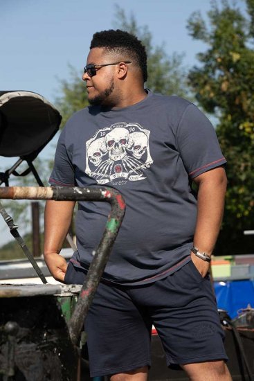 D555 COOK Trio Of Skulls Printed Crew Neck T-Shirt Slate Blue - T-shirts - T-shirts Homme Grande Taille