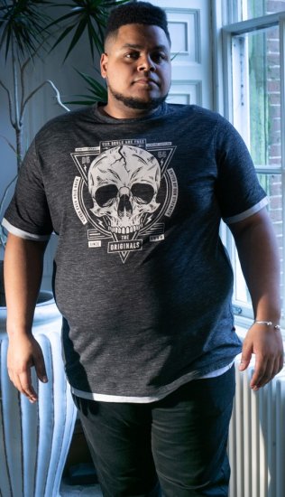 D555 DARREN Skull Printed T-Shirt With Double Layer On Hem & Cuff Black Reno - T-shirts - T-shirts Homme Grande Taille