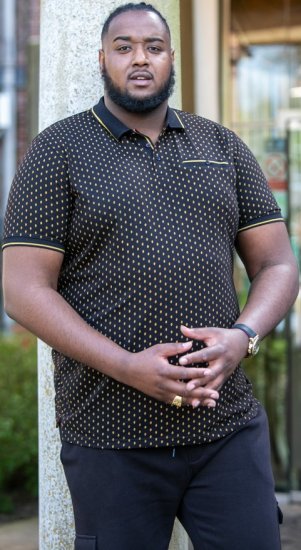 D555 RAUL AOP Jersey Polo With Jacquard Collar, Ribs And Chest Pocket Black - Polos - Polos homme grande taille