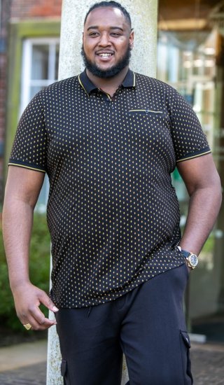 D555 RAUL AOP Jersey Polo With Jacquard Collar, Ribs And Chest Pocket Black - Polos - Polos homme grande taille