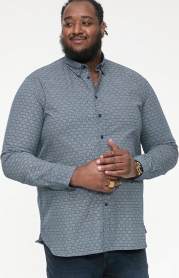 D555 MANGALA Geometric AOP Long Sleeve Shirt With Concealed Button Down Collar Navy - Chemises - Chemises Grandes Tailles Hommes