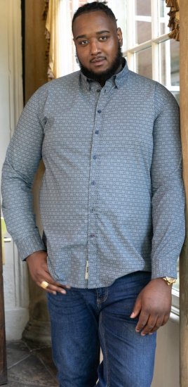 D555 MANGALA Geometric AOP Long Sleeve Shirt With Concealed Button Down Collar Navy - Chemises - Chemises Grandes Tailles Hommes