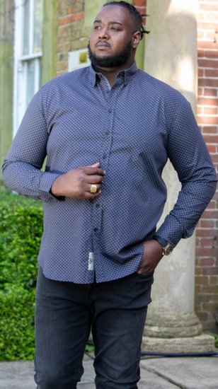D555 KEATON Micro AOP Long Sleeve Shirt With Concealed Button Down Collar Grey - Chemises - Chemises Grandes Tailles Hommes