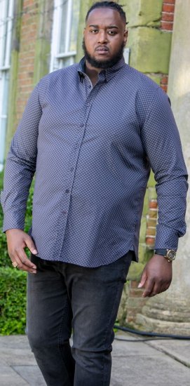 D555 KEATON Micro AOP Long Sleeve Shirt With Concealed Button Down Collar Grey - Chemises - Chemises Grandes Tailles Hommes