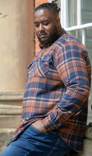 D555 SHERLOCK Check Overshirt With Two Patch Pockets & Button Down Collar Navy - Chemises - Chemises Grandes Tailles Hommes