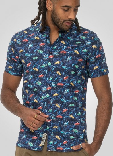 D555 Hartlepool Short Sleeve Vintage Car AOP Stretch Shirt Blue - Chemises - Chemises Grandes Tailles Hommes