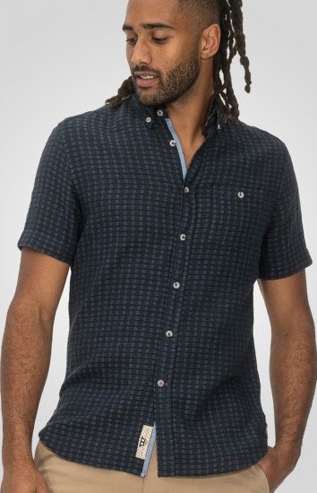 D555 Pontefract Jacquard Linen Mix Short Sleeve Shirt With Button Down Navy - Chemises - Chemises Grandes Tailles Hommes