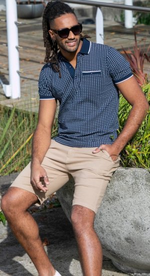 D555 Coventry AOP Polo Shirt Jacquard Collar & Ribbed Cuffs Navy - Polos - Polos homme grande taille