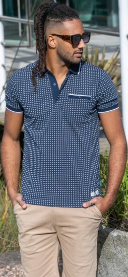 D555 Coventry AOP Polo Shirt Jacquard Collar & Ribbed Cuffs Navy - Polos - Polos homme grande taille