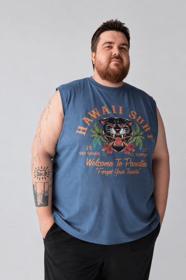 Kam Jeans 5763 Hawaii Surf Vest Vintage Indigo - T-shirts - T-shirts Homme Grande Taille