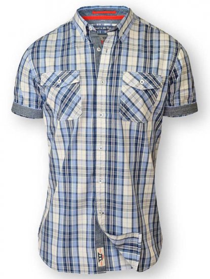 D555 FIDEL Twin Pocket Short Sleeve Blue & Ecru Check Shirt - Chemises - Chemises Grandes Tailles Hommes