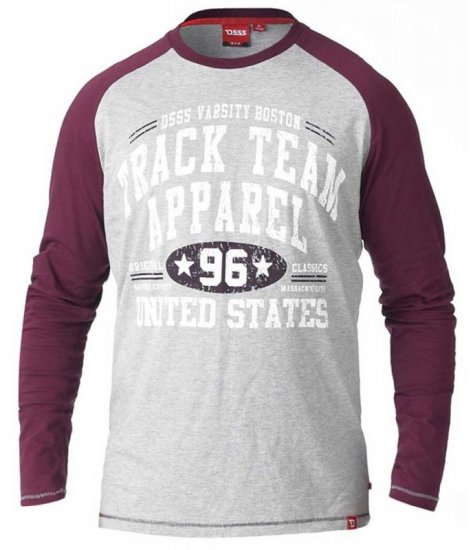 D555 KELTON Long Sleeve Raglan T-Shirt Grey/Burgundy - T-shirts - T-shirts Homme Grande Taille