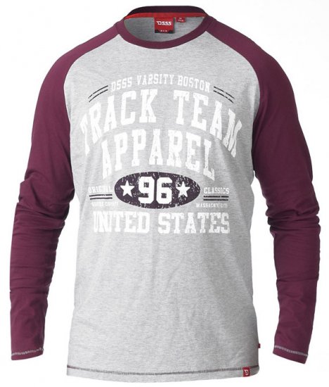 D555 KELTON Long Sleeve Raglan T-Shirt Grey/Burgundy - T-shirts - T-shirts Homme Grande Taille