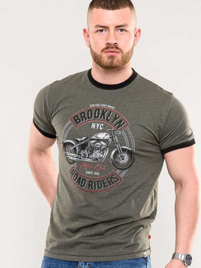 D555 Hereford Brooklyn Motorbike Printed Ringer T-Shirt Khaki - T-shirts - T-shirts Homme Grande Taille