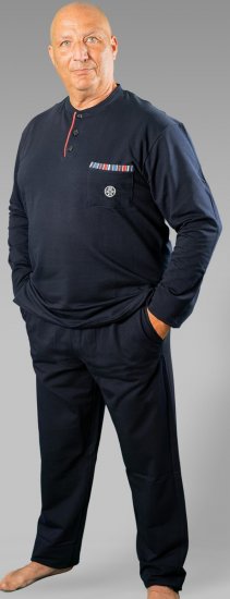 20 Nodi Long Pajamas in Stretch Fleece Cotton with Serafino Collar and Jacket with Pocket and Side Slits Navy - Pyjamas/vêtements de détente - Pyjamas Grande Taille pour Hommes