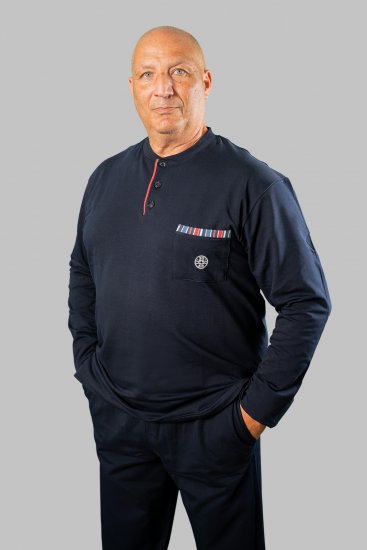20 Nodi Long Pajamas in Stretch Fleece Cotton with Serafino Collar and Jacket with Pocket and Side Slits Navy - Pyjamas/vêtements de détente - Pyjamas Grande Taille pour Hommes