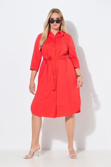 Ulla Popken 815217 Robe chemise trapèze à ceinture à nouer Rose - Robes midi - Robes midi grande taille
