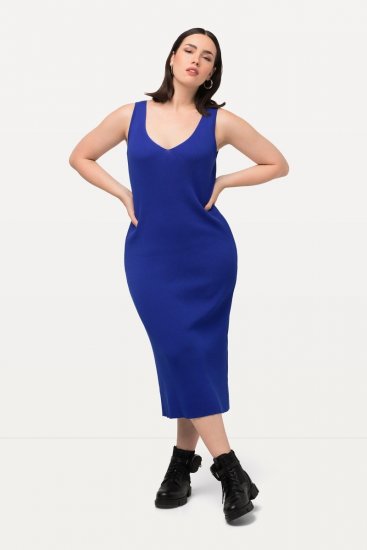 Ulla Popken 817591 Robe en maille à col V Bleu - Robes en maille - 