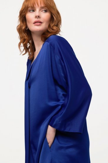 Ulla Popken 821110 Robe en satin à manches courtes et col V Bleu marine - Robes de soirée - Robes de soirée grande taille