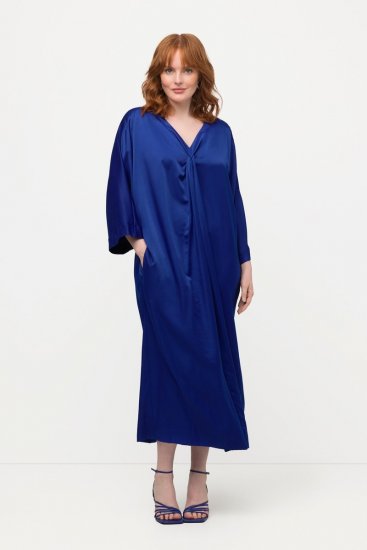 Ulla Popken 821110 Robe en satin à manches courtes et col V Bleu marine - Robes de soirée - Robes de soirée grande taille