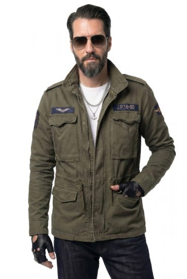 JP1880 Field Jacket with Badges Vintage Look TALL Moss Green - TALL vestes - Vestes TALL pour hommes grands