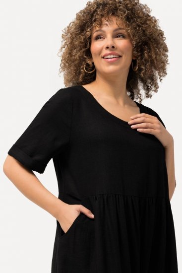Ulla Popken 829837 Robe en lin mélangé à manches courtes Noir - Robes d'été - Robes d'été grande taille