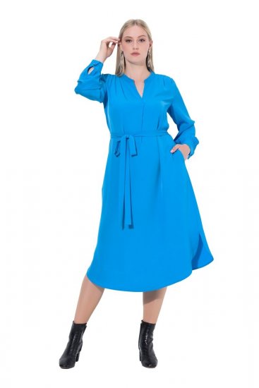 Ulla Popken 831004 Robe mi-longue à manches longues et col V Bleu roi - Robes midi - Robes midi grande taille