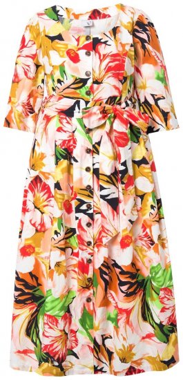 Ulla Popken 832512 Robe en lin mélangé fleurie à manches 3/4 Rouge - Robes maxi - Robes maxi grande taille