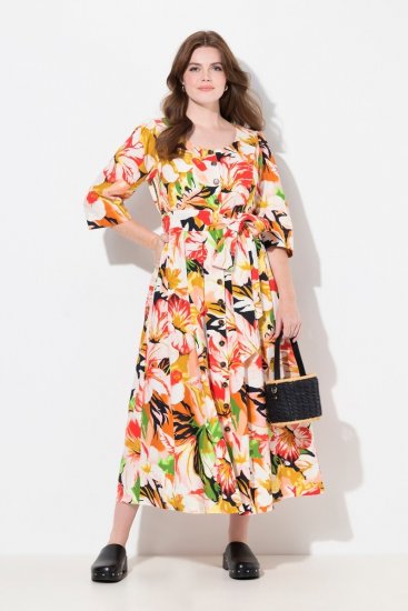 Ulla Popken 832512 Robe en lin mélangé fleurie à manches 3/4 Rouge - Robes maxi - Robes maxi grande taille