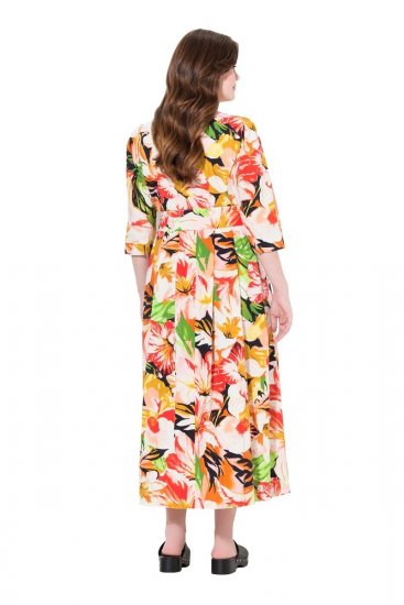 Ulla Popken 832512 Robe en lin mélangé fleurie à manches 3/4 Rouge - Robes maxi - Robes maxi grande taille