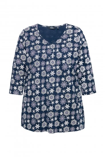 Ulla Popken Snowflake Print 3/4 Sleeve A-Line Tee Navy - T-shirts imprimés pour femme - 