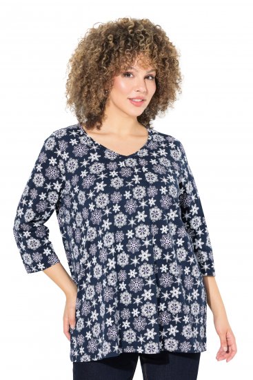 Ulla Popken Snowflake Print 3/4 Sleeve A-Line Tee Navy - T-shirts imprimés pour femme - 