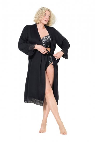 Ulla Popken 834837 Peignoir kimono en dentelle Noir - Robes de chambre & peignoirs - 