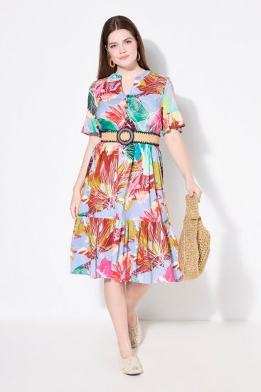 Ulla Popken 836746 Robe mi-longue fleurie à volants Bleu clair - Robes midi - Robes midi grande taille