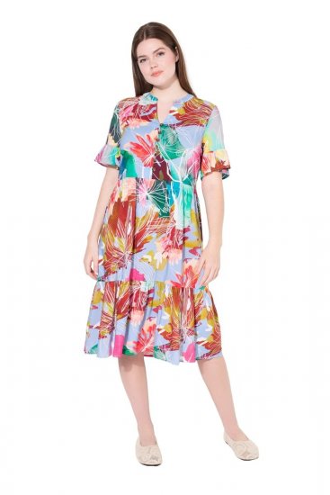 Ulla Popken 836746 Robe mi-longue fleurie à volants Bleu clair - Robes midi - Robes midi grande taille