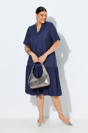 Ulla Popken 840367 Robe mi-longue à manches courtes et col V Bleu marine - Robes midi - Robes midi grande taille