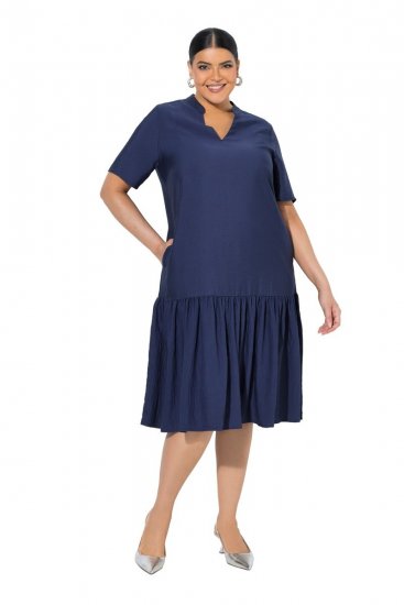 Ulla Popken 840367 Robe mi-longue à manches courtes et col V Bleu marine - Robes midi - Robes midi grande taille