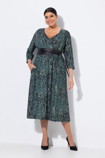 Ulla Popken 841839 Robe en jersey à imprimé animal et manches 3/4 Vert foncé - Robes midi - Robes midi grande taille
