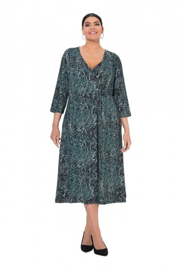 Ulla Popken 841839 Robe en jersey à imprimé animal et manches 3/4 Vert foncé - Robes midi - Robes midi grande taille