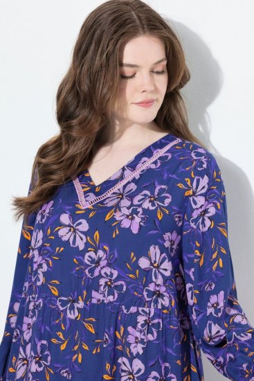 Ulla Popken 841873 Robe mi-longue fleurie Bleu marine - Robes midi - Robes midi grande taille