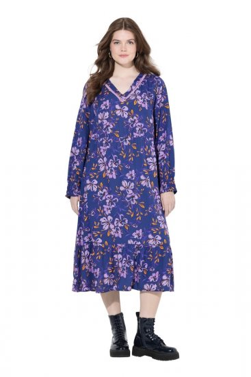 Ulla Popken 841873 Robe mi-longue fleurie Bleu marine - Robes midi - Robes midi grande taille