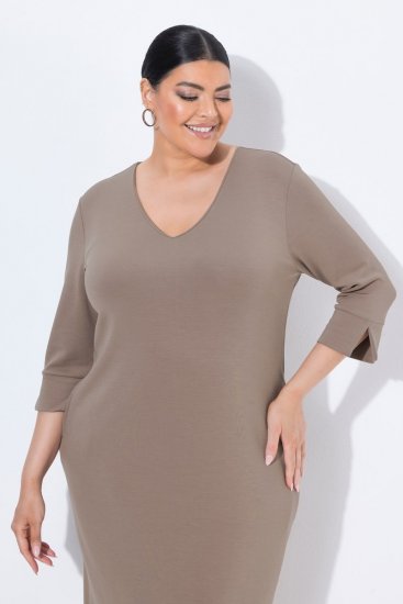 Ulla Popken 841952 Robe sweat à col V Marron clair - Robes - Robes pour toutes les tailles