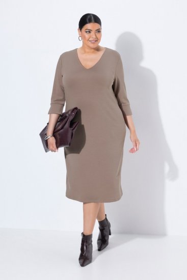 Ulla Popken 841952 Robe sweat à col V Marron clair - Robes - Robes pour toutes les tailles