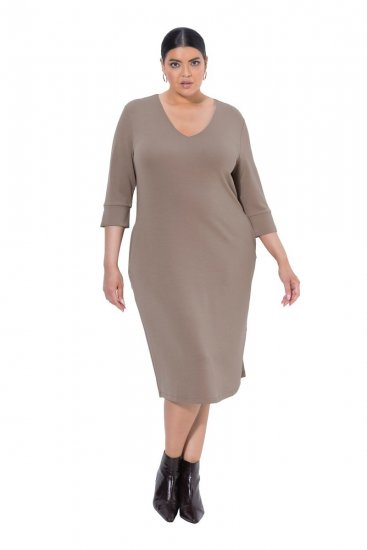 Ulla Popken 841952 Robe sweat à col V Marron clair - Robes - Robes pour toutes les tailles