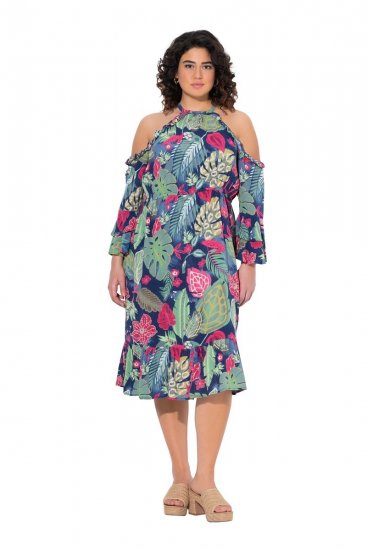 Ulla Popken 842471 Robe mi-longue imprimée Bleu marine - Robes midi - Robes midi grande taille