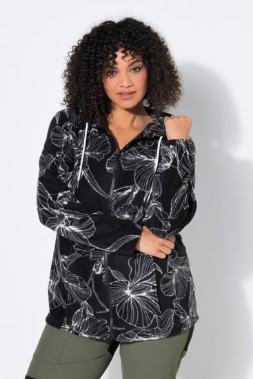 Ulla Popken 842758 Veste polaire fleurie à capuche Noir - Vêtements en laine polaire - 