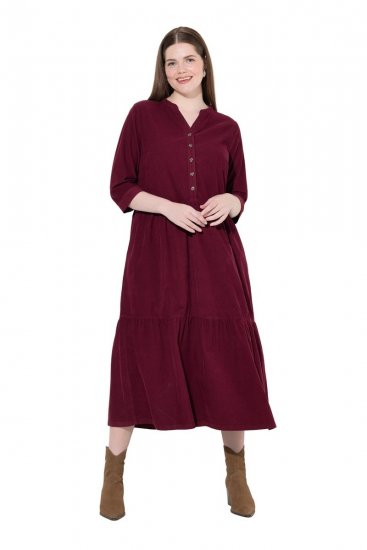 Ulla Popken 843383 Robe en velours côtelé à manches 3/4 Bordeaux - Robes maxi - Robes maxi grande taille