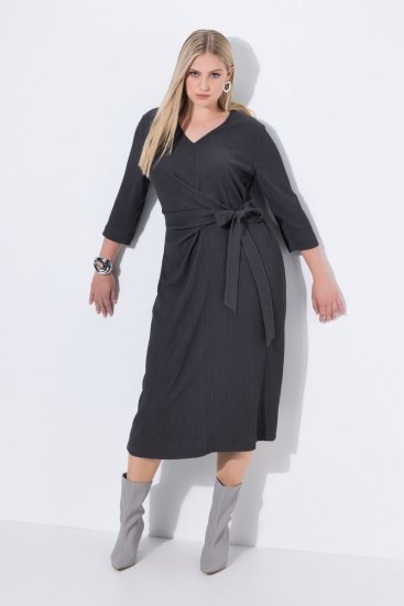 Ulla Popken 843595 Robe portefeuille à manches 3/4 Gris chiné - Robes midi - Robes midi grande taille