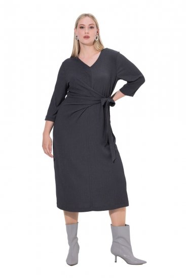 Ulla Popken 843595 Robe portefeuille à manches 3/4 Gris chiné - Robes midi - Robes midi grande taille